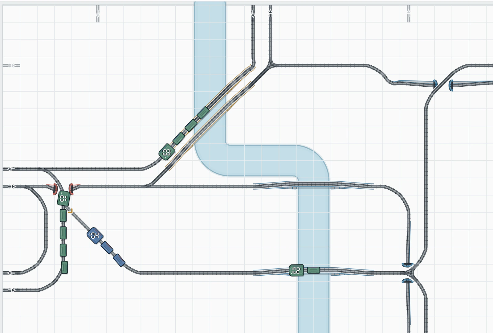 Křižovatka Railweave s projíždějícími vlaky, mosty a tunely